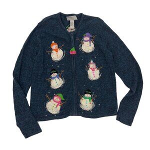Tiara International Snowman Christmas Winter Sweater Cardigan Full Zip Womens L